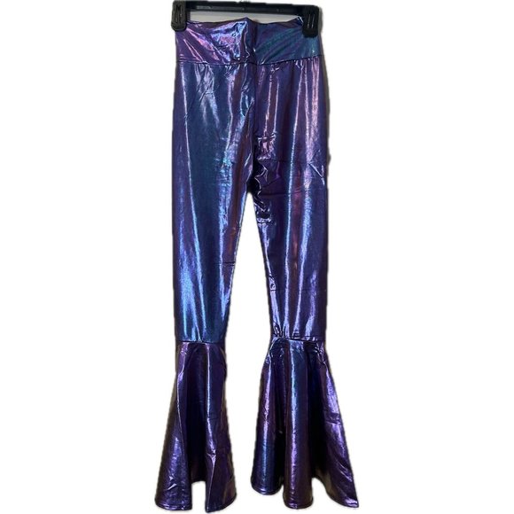 Iridescent Green Rave Festival Costumes Boho Hippie Holographic High Waisted - Picture 2 of 2